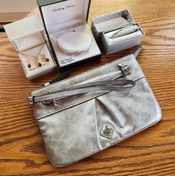 Silver purse, white saphire bracelet, silver bangle, amethyst necklace set - Picture 1 of 16